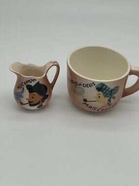 Vintage Wisconsin Dells Souvenir Creamer Mug Set Pink Ma Pa Cabin MCM kitschy